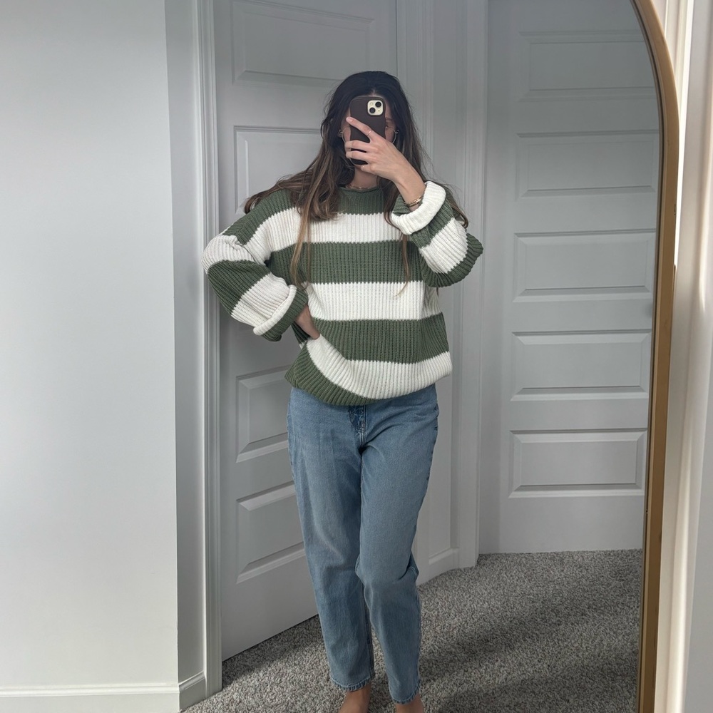 Green and white striped sweater oversized